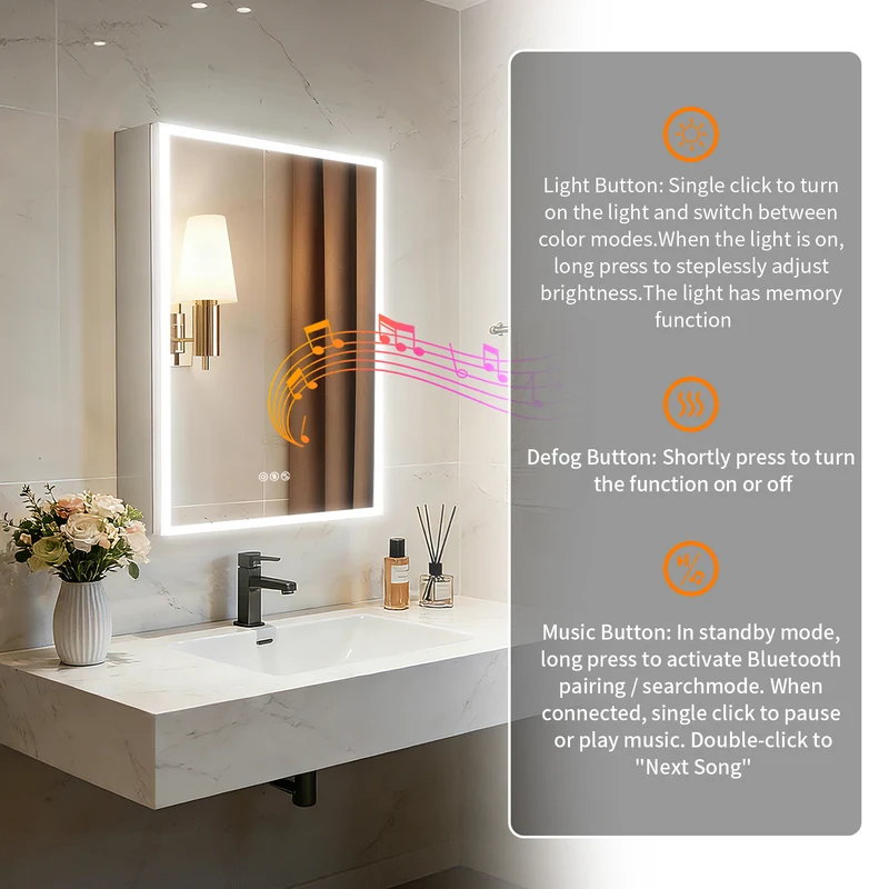 LUVODI LED Bathroom Mirror Cabinet Bluetooth Speaker Lighted Medicine Cabinet w/ Outlet (50x70cm)