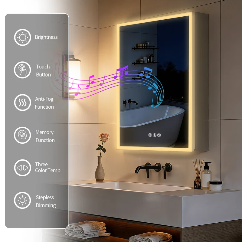 LUVODI LED Bathroom Mirror Cabinet Bluetooth Speaker Lighted Medicine Cabinet w/ Outlet (50x70cm)