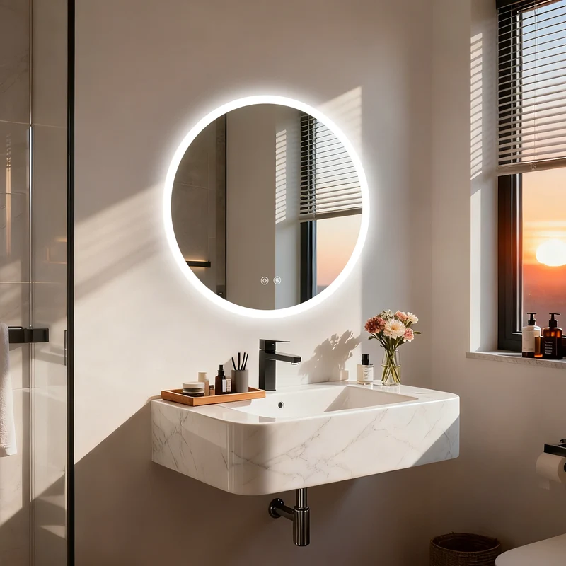 LUVODI Front-Lit Round LED Vanity Mirror with Anti-Fog, 3-Color, 2 Buttons