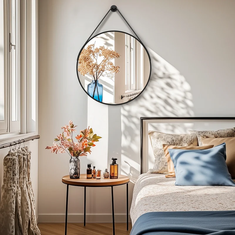 Black Round Mirror With Hanging Rope For Living Room, Bedroom, Entryway