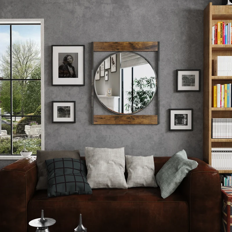 Industrial Retro Metal Round Wall Mirror with Square Wood Frame