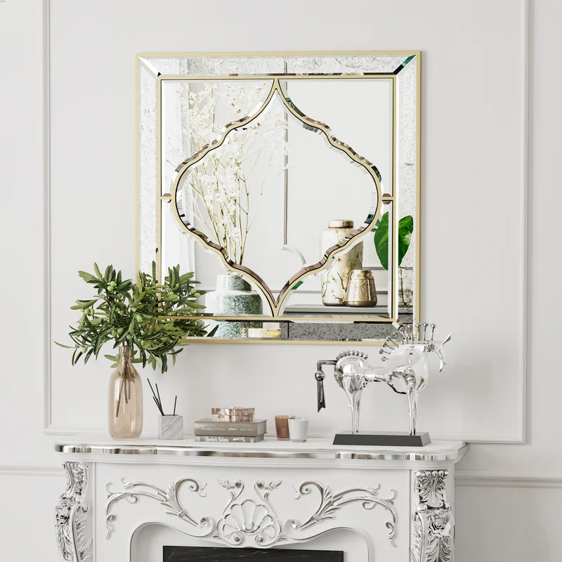 Elegant Square Wall Silver Glass Decorative Accent Mirror Golden Rim for Hallway