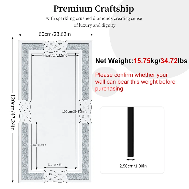 Large Crystal Crush Diamond Mirror for Wall Decor for for Living Room Bedroom Entryway