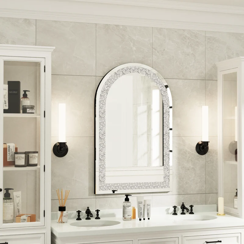 Arched Crystal Crushed Diamond Wall Mirror for Bedroom Living Room Entryway 23x35"