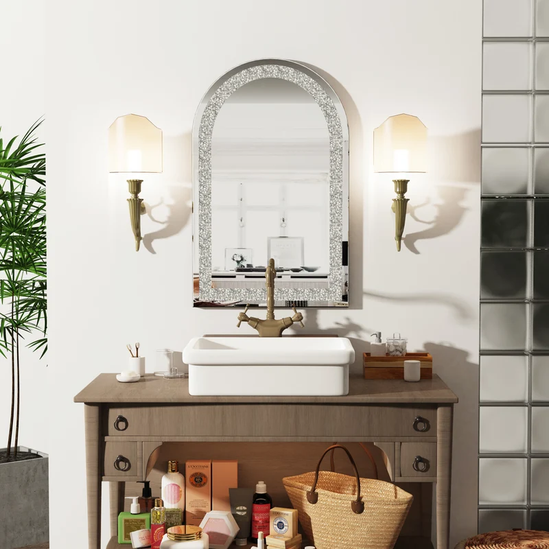 Arched Crystal Crushed Diamond Wall Mirror for Bedroom Living Room Entryway 23x35"