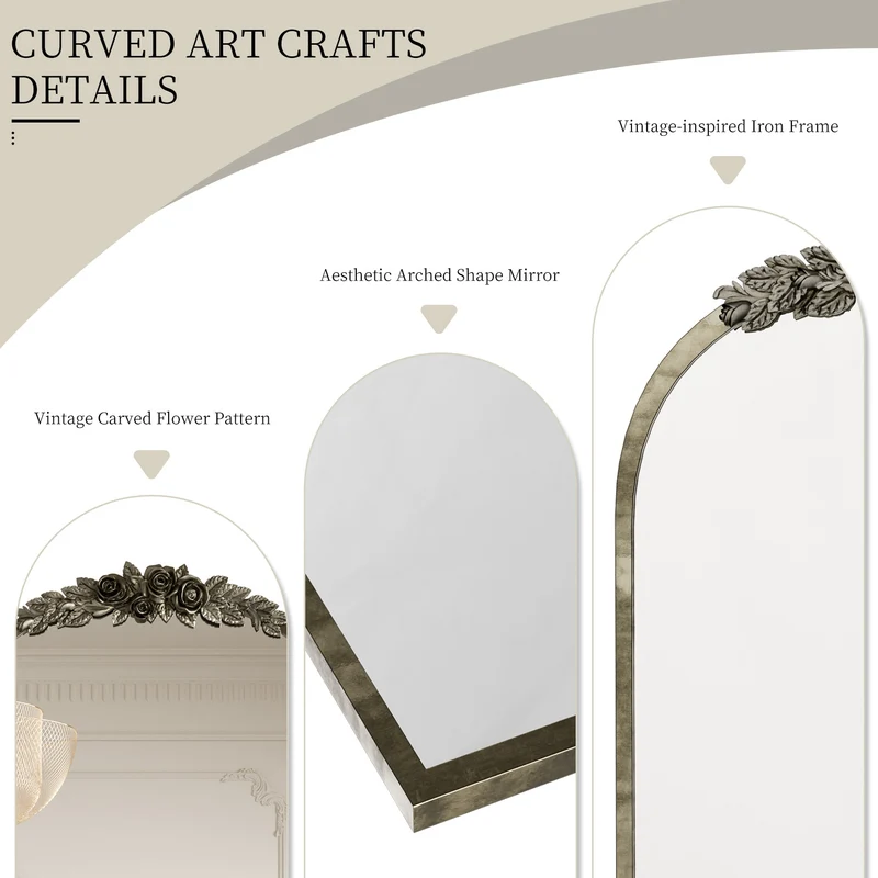 Vintage Arched Art Mirror with Flower Relief Frame for Living Room, Fireplace, 23.8”x36”