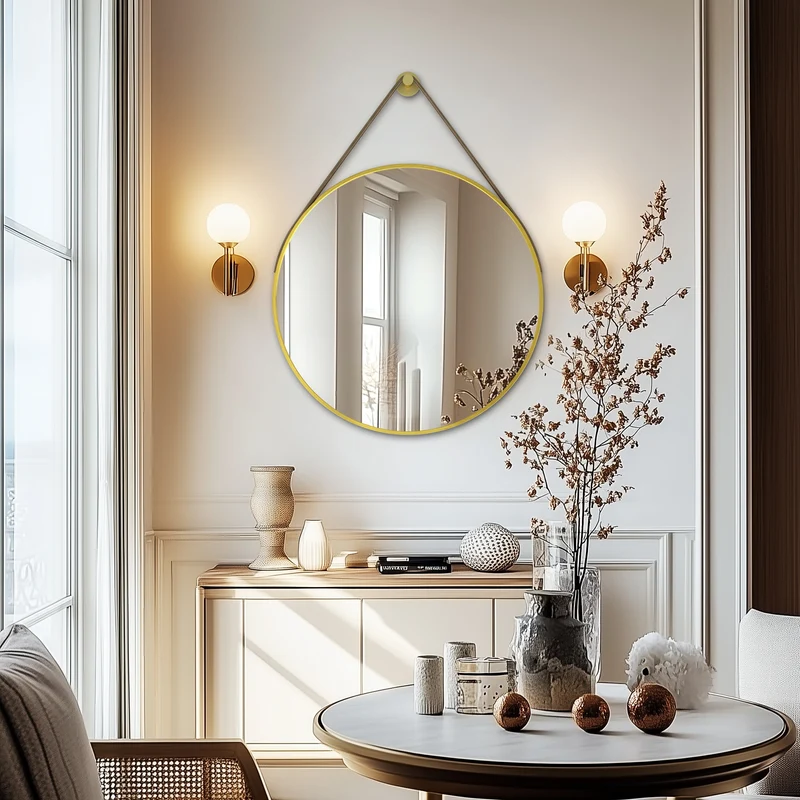 Gold Round Mirror With Hanging Rope For Living Room, Bedroom, Entryway