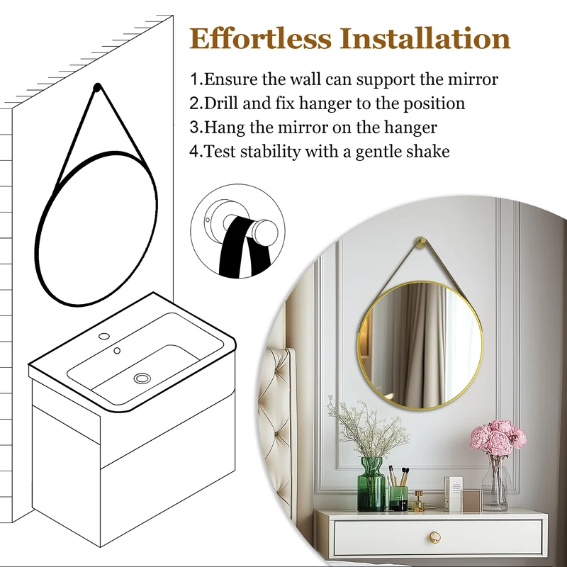 Gold Round Mirror With Hanging Rope For Living Room, Bedroom, Entryway