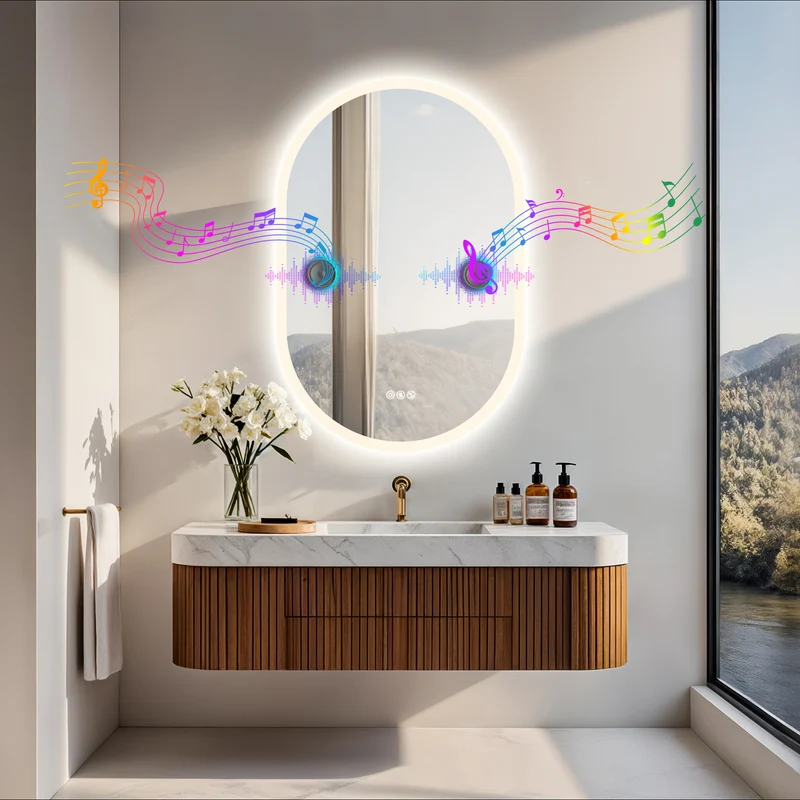 LUVODI Long Oval LED Bathroom Mirror with Bluetooth Speaker, No Display 60x90cm