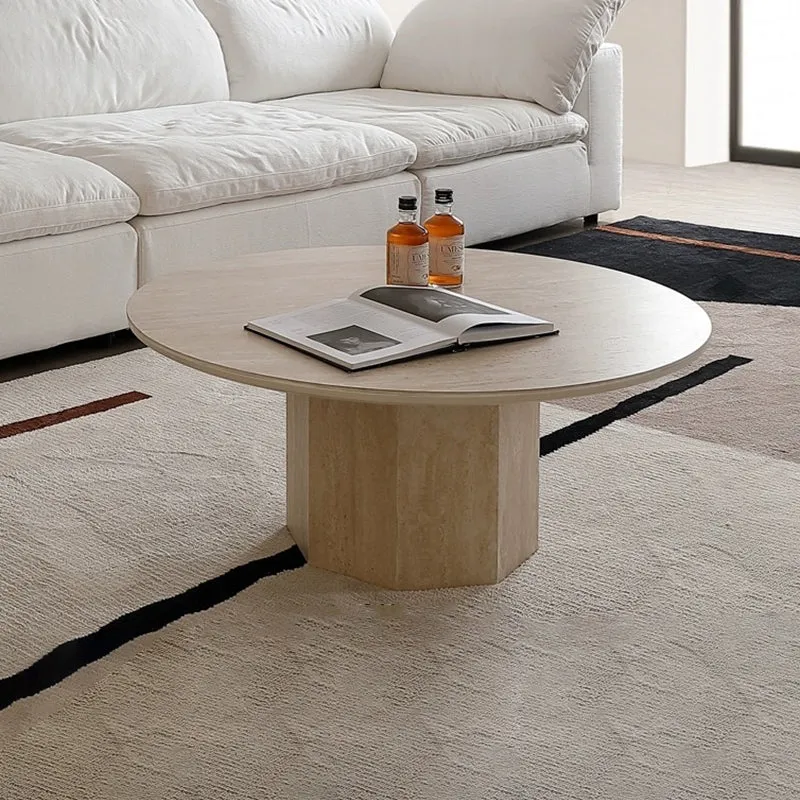 Traditional Vintage Round Hexagonal Rock Slab Wood End Table 1-Tier For Living Room