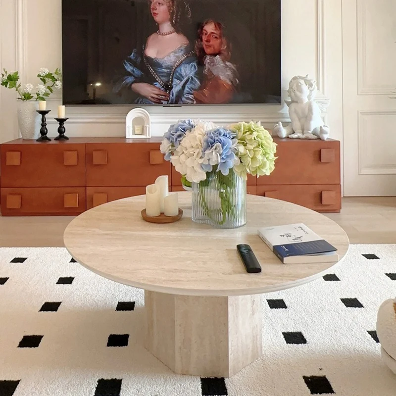 Traditional Vintage Round Hexagonal Rock Slab Wood End Table 1-Tier For Living Room