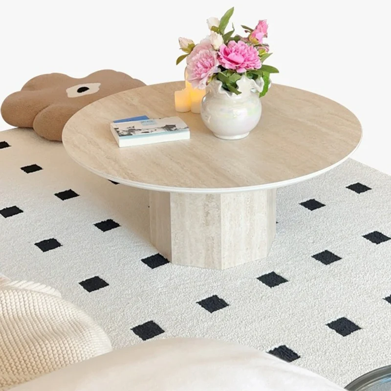 Traditional Vintage Round Hexagonal Rock Slab Wood End Table 1-Tier For Living Room