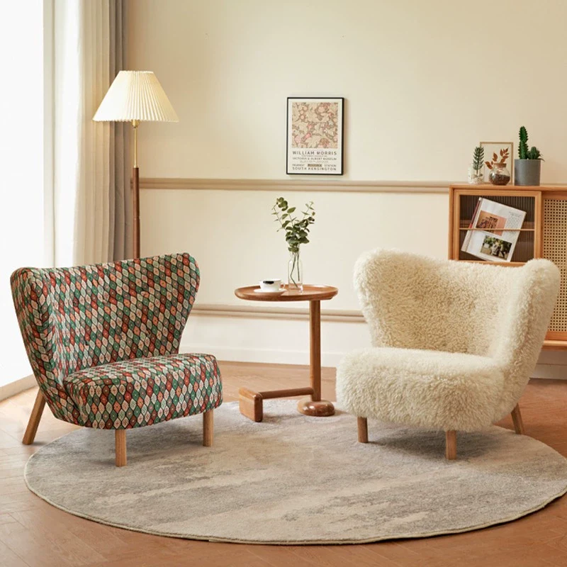 Contemporary Nordic Sherpa Fabric Corduroy Plush Wood Curved Accent Chair Backrest Footrest For Living Room