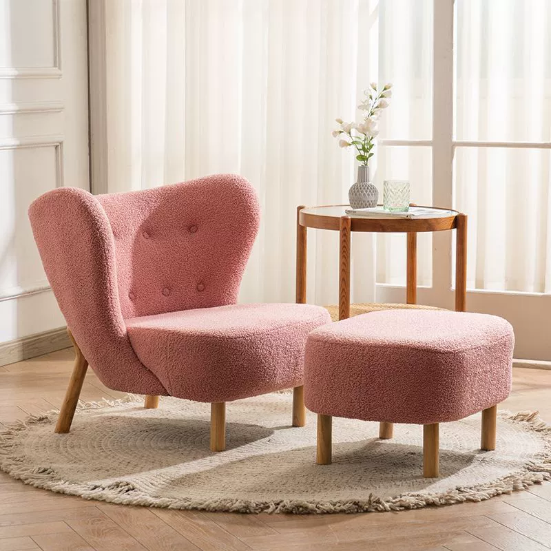 Contemporary Nordic Sherpa Fabric Corduroy Plush Wood Curved Accent Chair Backrest Footrest For Living Room