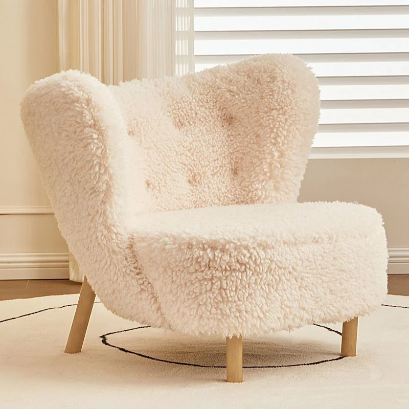 Contemporary Nordic Sherpa Fabric Corduroy Plush Wood Curved Accent Chair Backrest Footrest For Living Room