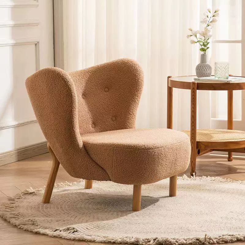 Contemporary Nordic Sherpa Fabric Corduroy Plush Wood Curved Accent Chair Backrest Footrest For Living Room