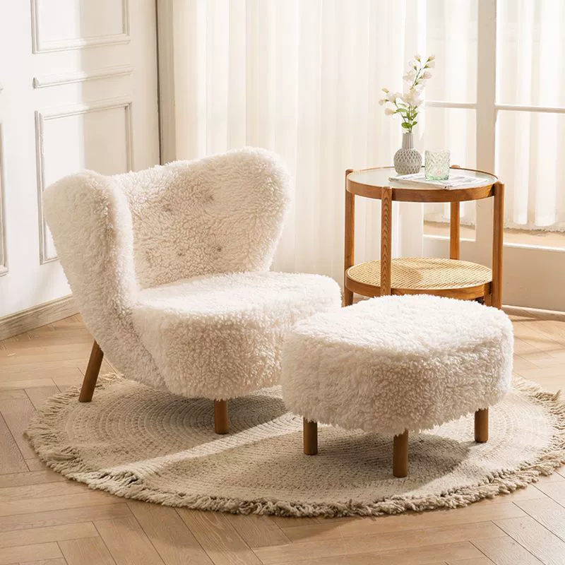 Contemporary Nordic Sherpa Fabric Corduroy Plush Wood Curved Accent Chair Backrest Footrest For Living Room