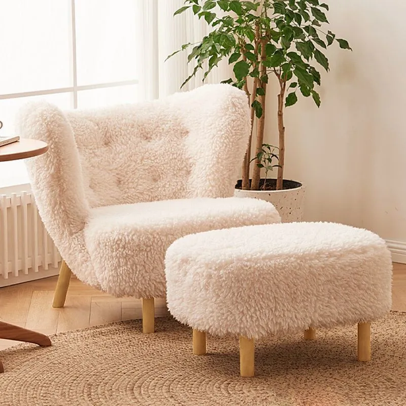 Contemporary Nordic Sherpa Fabric Corduroy Plush Wood Curved Accent Chair Backrest Footrest For Living Room