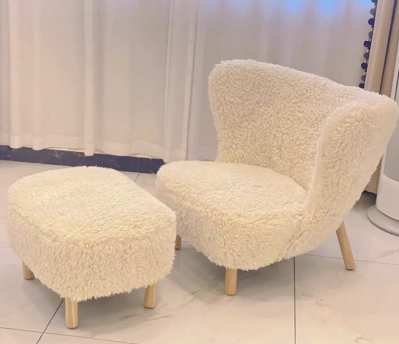 Contemporary Nordic Sherpa Fabric Corduroy Plush Wood Curved Accent Chair Backrest Footrest For Living Room