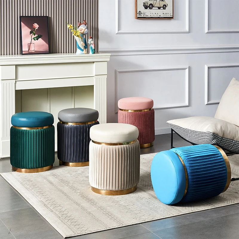Contemporary Scandinavian Velvet Wood Stainless Steel Microfiber Leather Sponge Round Striped Vanity Stool Backless For Bedroom