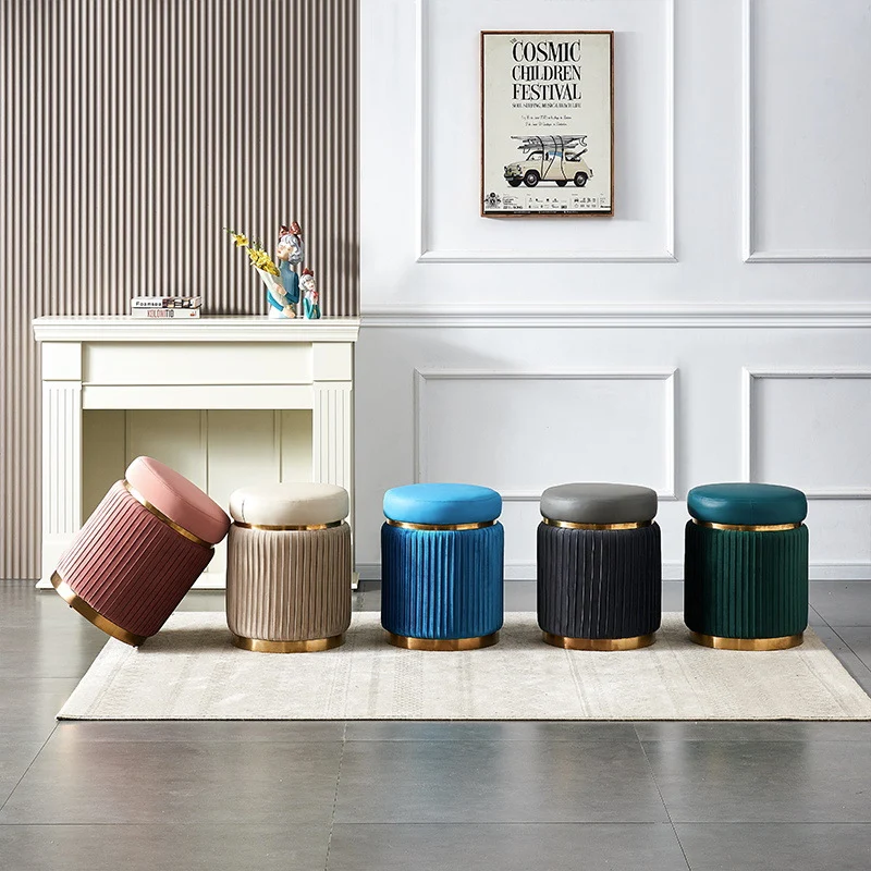 Contemporary Scandinavian Velvet Wood Stainless Steel Microfiber Leather Sponge Round Striped Vanity Stool Backless For Bedroom