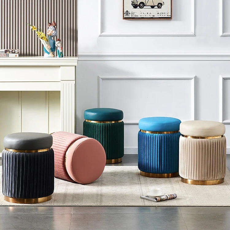 Contemporary Scandinavian Velvet Wood Stainless Steel Microfiber Leather Sponge Round Striped Vanity Stool Backless For Bedroom
