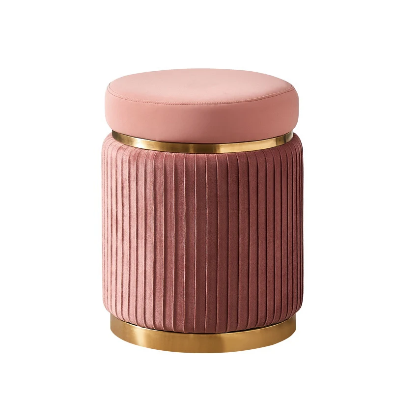 Contemporary Scandinavian Velvet Wood Stainless Steel Microfiber Leather Sponge Round Striped Vanity Stool Backless For Bedroom