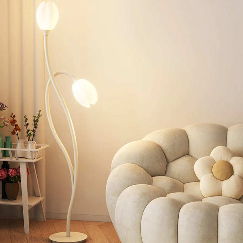 Modern Art Deco PE Tulip Shade Iron 2-Light Standing Floor Lamp For Living Room