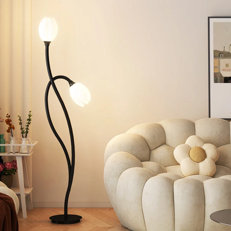 Modern Art Deco PE Tulip Shade Iron 2-Light Standing Floor Lamp For Living Room