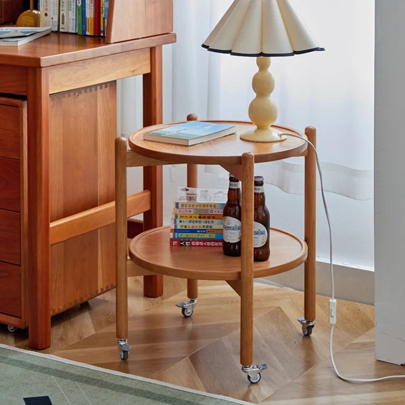 Traditional Japanese Round Cherry Wood Top End Table 2-Tier Casters For Living Room