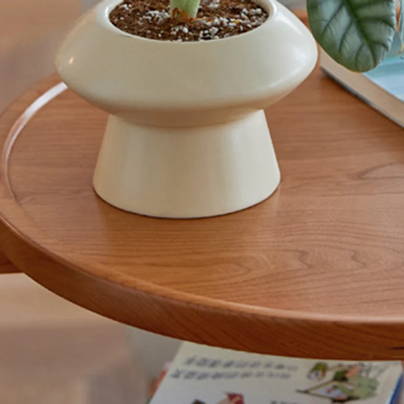 Traditional Japanese Round Cherry Wood Top End Table 2-Tier Casters For Living Room
