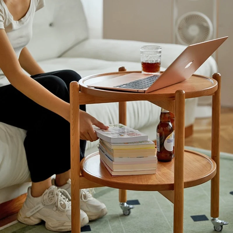 Traditional Japanese Round Cherry Wood Top End Table 2-Tier Casters For Living Room