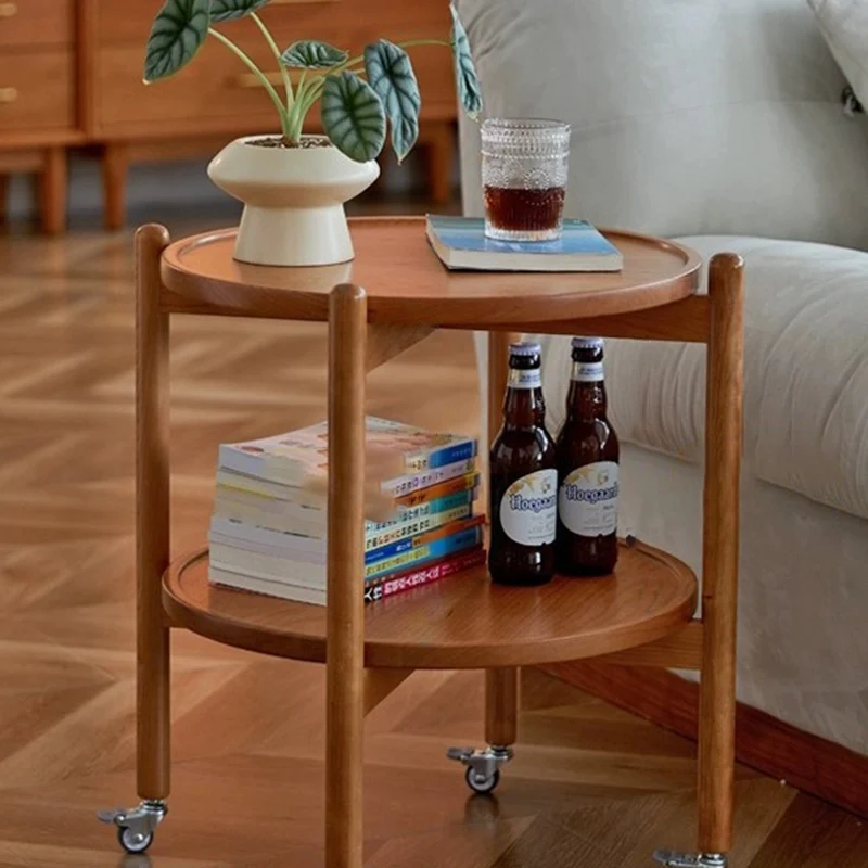 Traditional Japanese Round Cherry Wood Top End Table 2-Tier Casters For Living Room