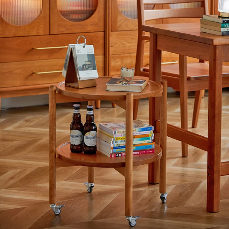 Traditional Japanese Round Cherry Wood Top End Table 2-Tier Casters For Living Room
