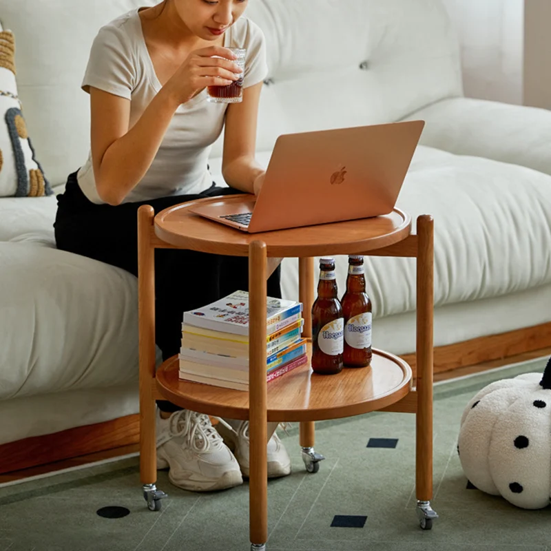 Traditional Japanese Round Cherry Wood Top End Table 2-Tier Casters For Living Room