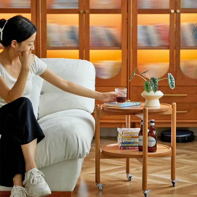 Traditional Japanese Round Cherry Wood Top End Table 2-Tier Casters For Living Room