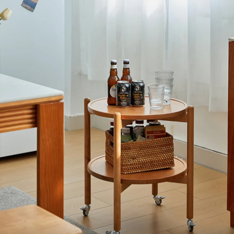 Traditional Japanese Round Cherry Wood Top End Table 2-Tier Casters For Living Room