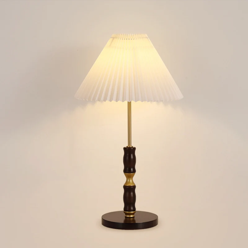 Traditional French Cylinder Cone Stripe Pleated Fabric Shade Solid Wood Metal 1-Light Table Lamp For Bedroom