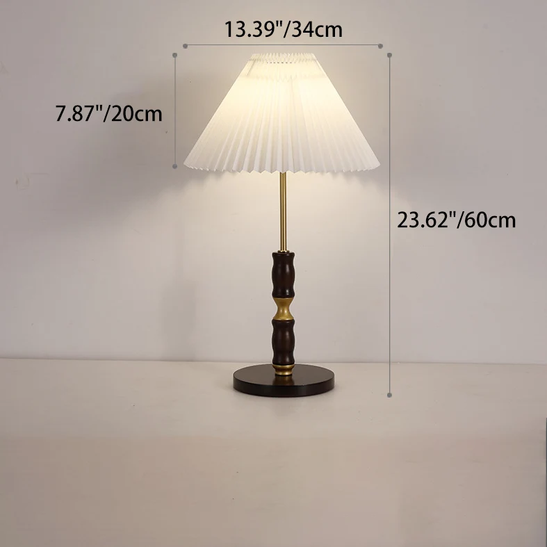 Traditional French Cylinder Cone Stripe Pleated Fabric Shade Solid Wood Metal 1-Light Table Lamp For Bedroom