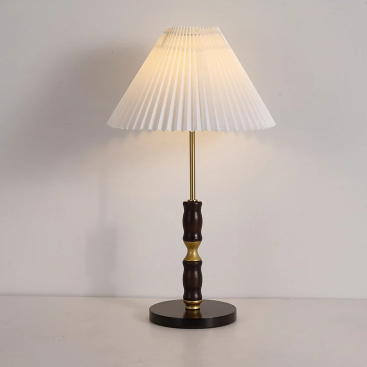 Traditional French Cylinder Cone Stripe Pleated Fabric Shade Solid Wood Metal 1-Light Table Lamp For Bedroom