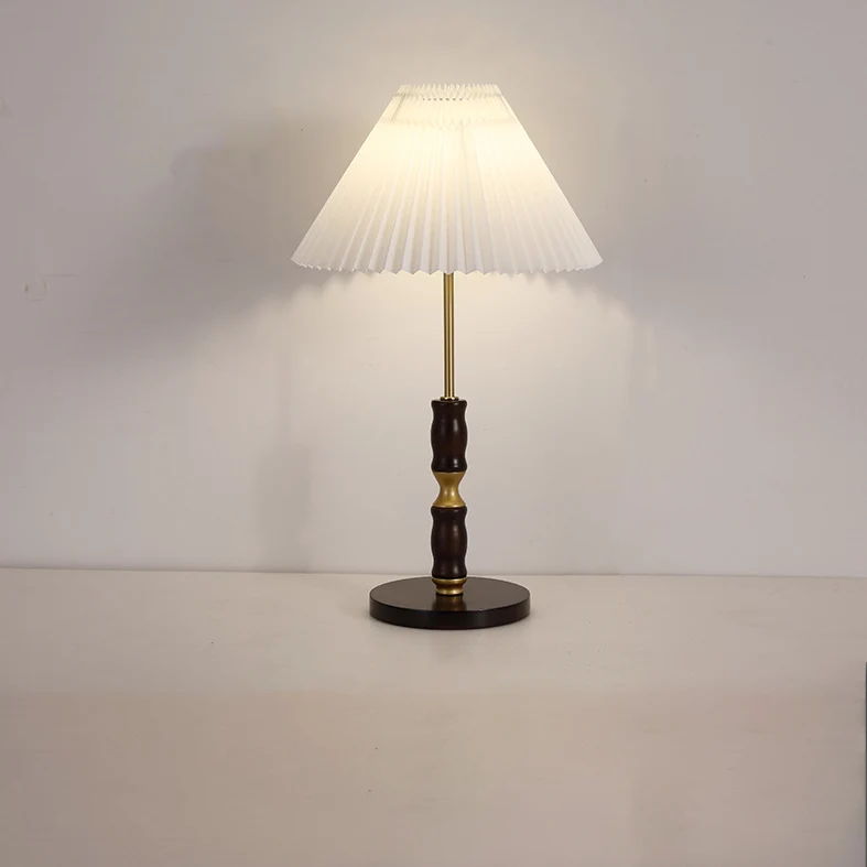 Traditional French Cylinder Cone Stripe Pleated Fabric Shade Solid Wood Metal 1-Light Table Lamp For Bedroom