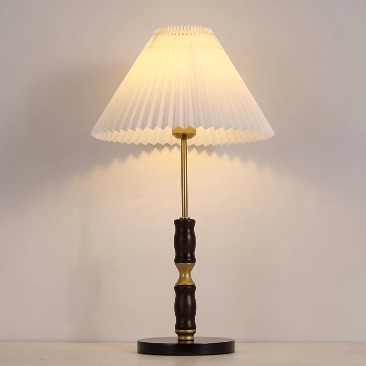 Traditional French Cylinder Cone Stripe Pleated Fabric Shade Solid Wood Metal 1-Light Table Lamp For Bedroom