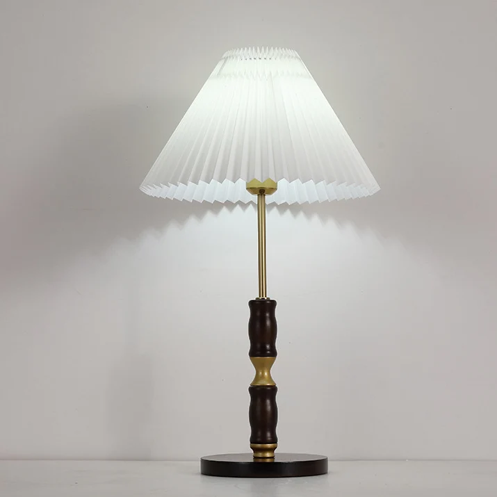 Traditional French Cylinder Cone Stripe Pleated Fabric Shade Solid Wood Metal 1-Light Table Lamp For Bedroom