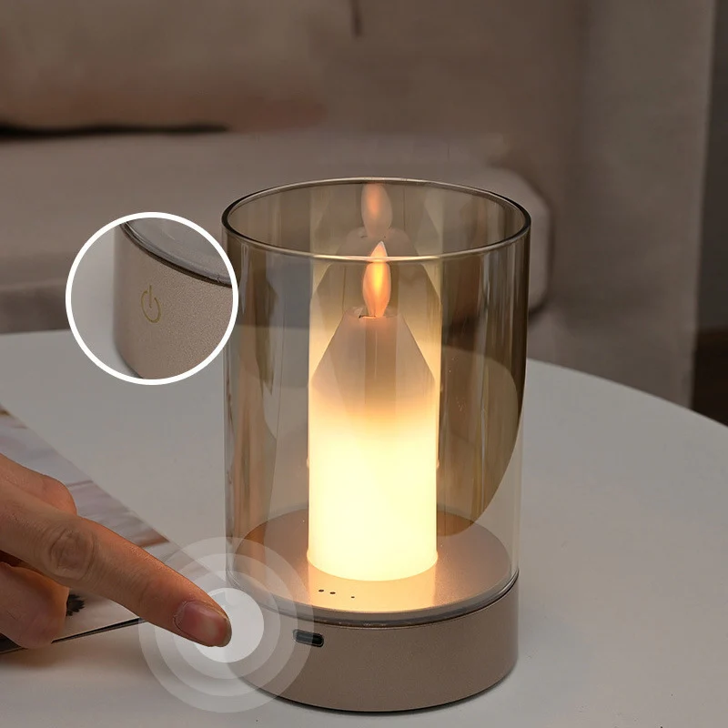 Modern Art Deco Sensible Cylinder Candlestick Glass ABS LED Table Lamp For Living Room