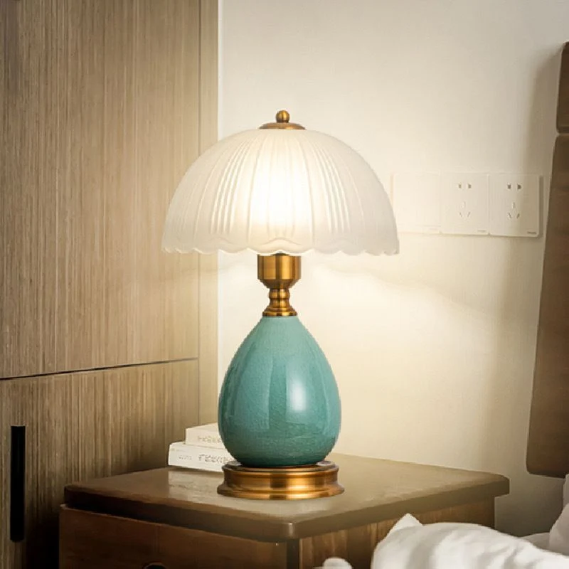 Traditional European Lace Half Round Dome Glass Shade Ceramic Teardrop Base 1-Light Table Lamp For Bedroom