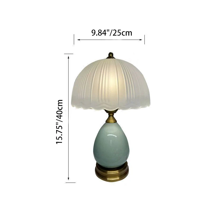 Traditional European Lace Half Round Dome Glass Shade Ceramic Teardrop Base 1-Light Table Lamp For Bedroom