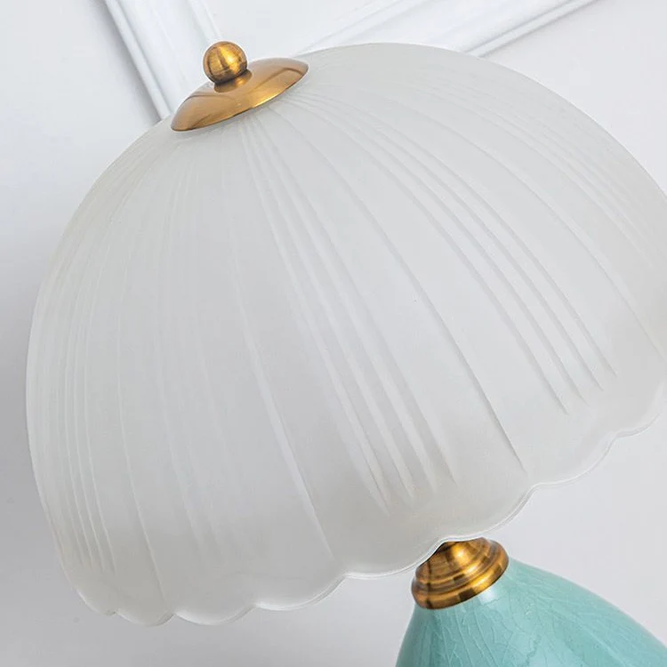 Traditional European Lace Half Round Dome Glass Shade Ceramic Teardrop Base 1-Light Table Lamp For Bedroom