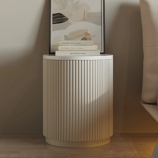 Modern Minimalist Cylinder Stripe Stone Slab Carbon Steel Metal Nightstand 1-Cabinet For Bedroom
