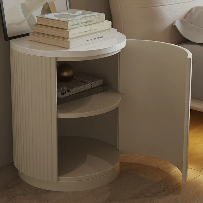 Modern Minimalist Cylinder Stripe Stone Slab Carbon Steel Metal Nightstand 1-Cabinet For Bedroom
