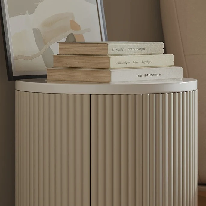 Modern Minimalist Cylinder Stripe Stone Slab Carbon Steel Metal Nightstand 1-Cabinet For Bedroom